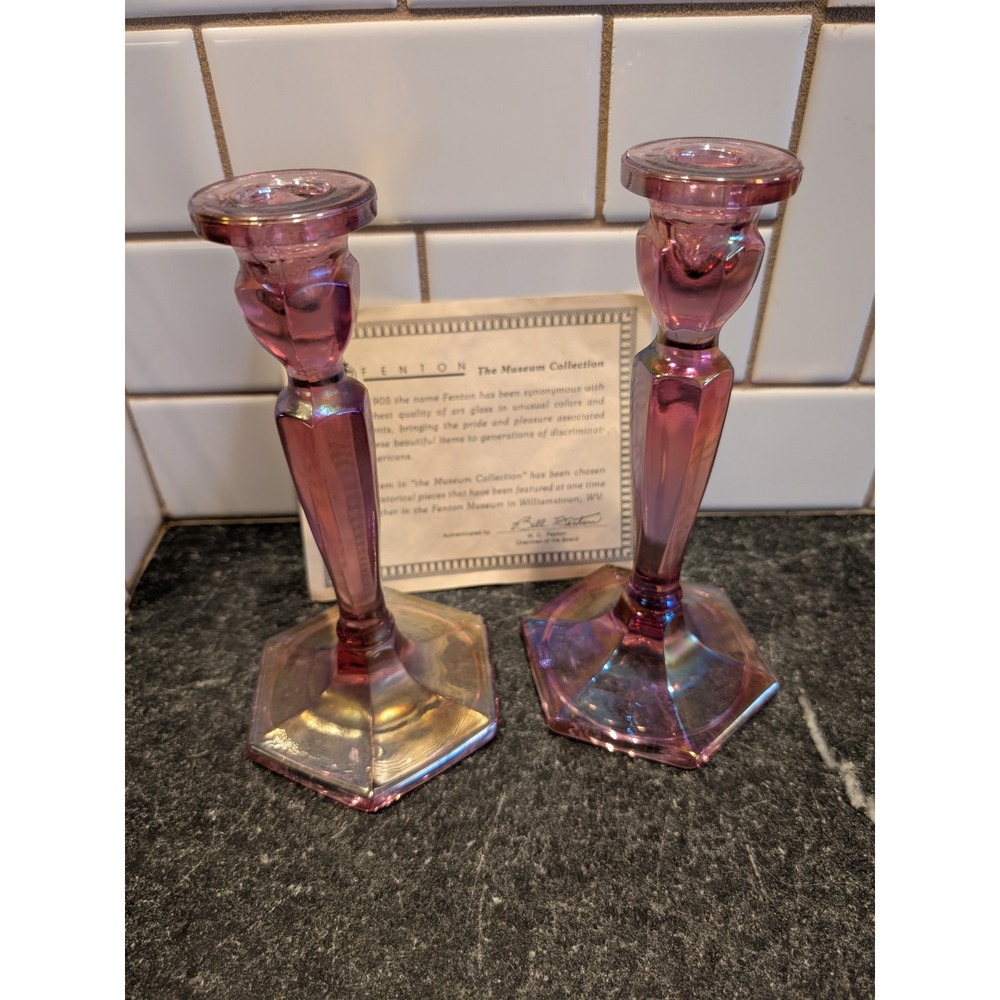 Fenton Museum Collection Pink Iridescent Glass Candlesticks Pair Hexagonal COA